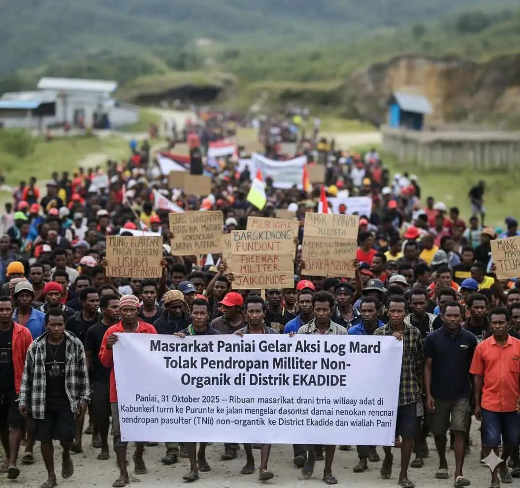 Aksi Longmarch warga, masyarakat serta Mahasiswa menolak kehadiran Marinir di Paniai Papua Tengah. (Foto istimewa)